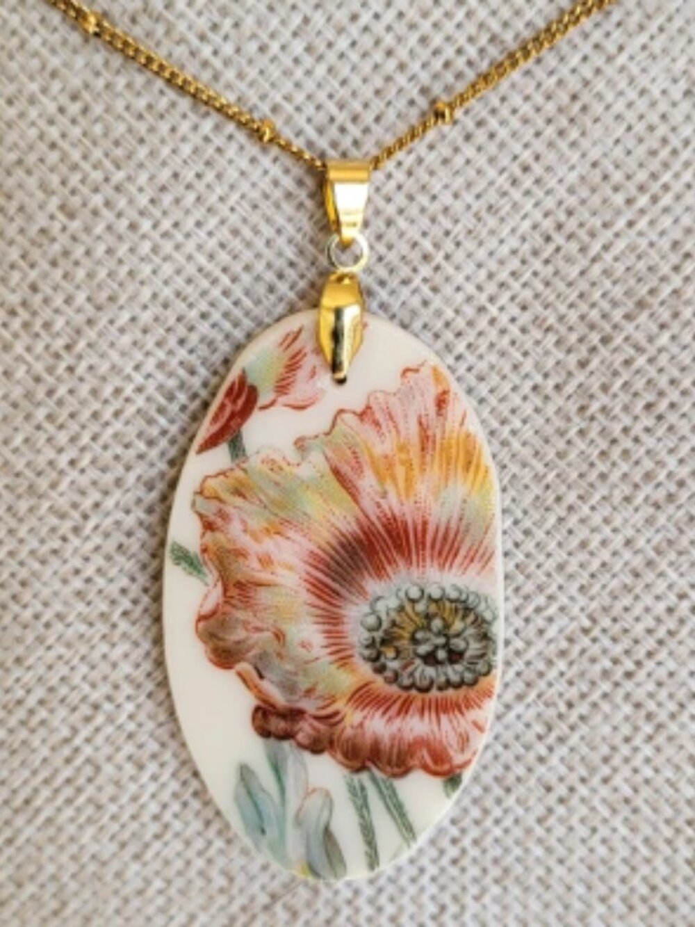 Poppy shard pendant from vintage Lenox 1974 Boehm Brids plate